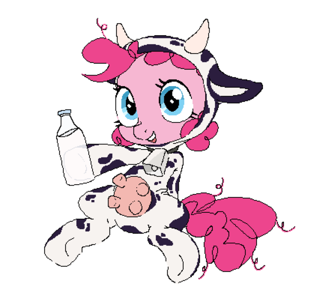 Size: 841x793 | Tagged: safe, artist:myra, derpibooru import, pinkie pie, earth pony, pony, animal costume, bell, bell collar, clothes, collar, costume, cow costume, cow suit, cowbell, cowprint, cute, female, filly, filly pinkie pie, foal, g4, glass of milk, image, kigurumi, mare, milk, milk bottle, open mouth, open smile, pincow pie, png, sitting, smiling, udder, younger