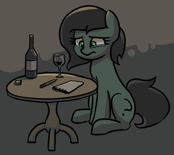 Size: 580x517 | Tagged: source needed, safe, artist:plunger, oc, oc:anonfilly, earth pony, pony, abstract background, alcohol, bill, bottle, crying, date, female, filly, glass, image, png, sitting, solo, table, wine, wine bottle, wine glass