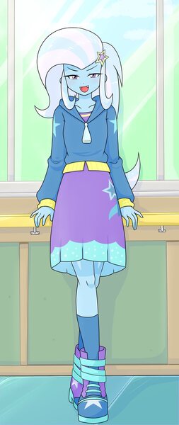 Size: 863x2048 | Tagged: safe, artist:batipin, derpibooru import, trixie, human, equestria girls, 2d, ankles, clothes, fangs, female, g4, hairclip, image, jacket, jpeg, kneesocks, legs, long sleeves, looking at you, open mouth, shirt, shoes, skirt, snaggletooth, socks, solo, stars, zipper