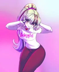 Size: 1526x1865 | Tagged: safe, artist:rileyav, derpibooru import, sonata dusk, human, equestria girls, breasts, busty sonata dusk, clothes, female, gradient background, image, looking at you, png, ponytail, smiling, smiling at you, solo, standing, wide hips