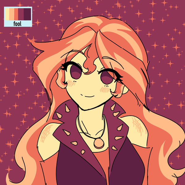 Size: 3000x3000 | Tagged: safe, artist:rileyav, derpibooru import, sunset shimmer, human, equestria girls, blushing, bust, clothes, color palette challenge, eye clipping through hair, eyebrows, eyebrows visible through hair, female, high res, image, jewelry, limited palette, looking at you, necklace, png, red background, simple background, smiling, solo, sparkles