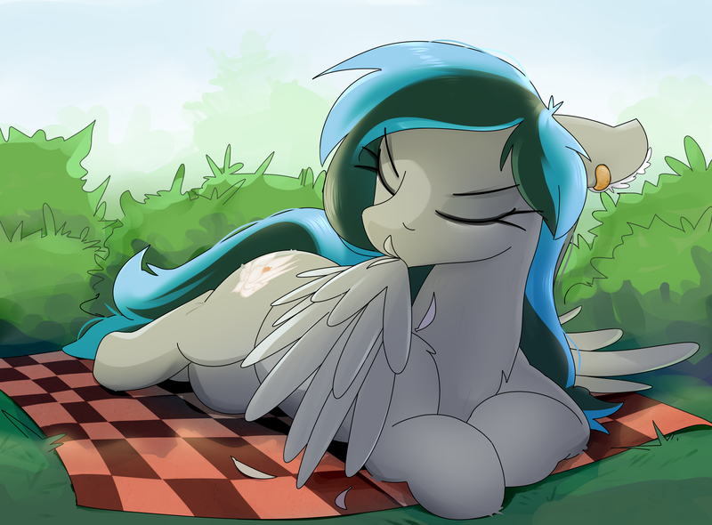 Size: 4200x3100 | Tagged: safe, artist:imadeus, derpibooru import, oc, oc:luny, unofficial characters only, pegasus, pony, eyes closed, feather, grooming, image, lying down, picnic blanket, png, preening, prone, solo, wings