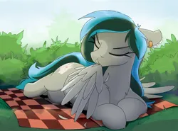 Size: 4200x3100 | Tagged: safe, artist:imadeus, derpibooru import, oc, oc:luny, unofficial characters only, pegasus, pony, eyes closed, feather, grooming, image, lying down, picnic blanket, png, preening, prone, solo, wings