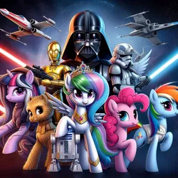 Size: 1024x1024 | Tagged: safe, ai content, derpibooru import, machine learning generated, pinkie pie, princess celestia, rainbow dash, twilight sparkle, ponified, pony, c-3po, chewbacca, crossover, darth vader, female, generator:bing image creator, heterochromia, image, jpeg, mare, movie poster, r2-d2, star wars, stormtrooper, wrong cutie mark