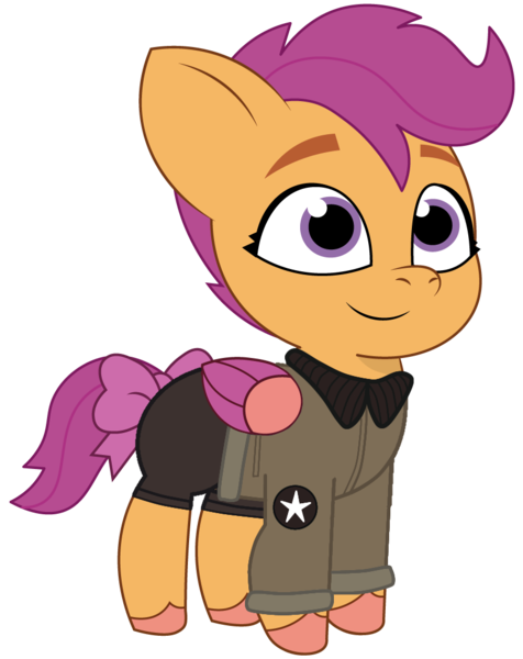 Size: 852x1075 | Tagged: safe, artist:edy_january, artist:prixy05, derpibooru import, edit, vector edit, scootaloo, pegasus, pony, g5, my little pony: tell your tale, children, clothes, denim, foal, g4, g4 to g5, generation leap, girls und panzer, image, jacket, jeans, military, military pony, military uniform, pants, png, ponytail, saunders, short pants, simple background, solo, transparent background, uniform, united states, vector