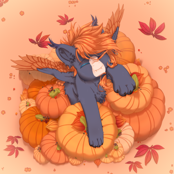 Size: 2500x2500 | Tagged: safe, artist:medkit, derpibooru import, oc, oc:ruby the exorcist, unofficial characters only, hybrid, original species, pegasus, pony, adam's apple, ashberry, autumn, autumn leaves, berry, blaze (coat marking), blue coat, butt fluff, chest fluff, claws, coat markings, colored claws, colored ear fluff, colored eyebrows, colored eyelashes, colored lineart, colored muzzle, colored tassels, colored wings, commission, cute, ear fluff, elderberry (berry), eye clipping through hair, eyebrows, eyebrows visible through hair, eyes closed, facial markings, fangs, feathered wings, field, floppy ears, flower, food, full body, harvest, head up, heart shaped, heterochromia, high res, hoof fluff, image, leaf, leaves, lightly watermarked, male, orange mane, orange tail, paint tool sai 2, paw pads, paws, pegasus oc, perspective, physalis, png, pumpkin, short mane, signature, sketch, smiling, solo, spread wings, stallion, sternocleidomastoid, tail, tassels, wall of tags, watermark, wing fluff, wings, ych result