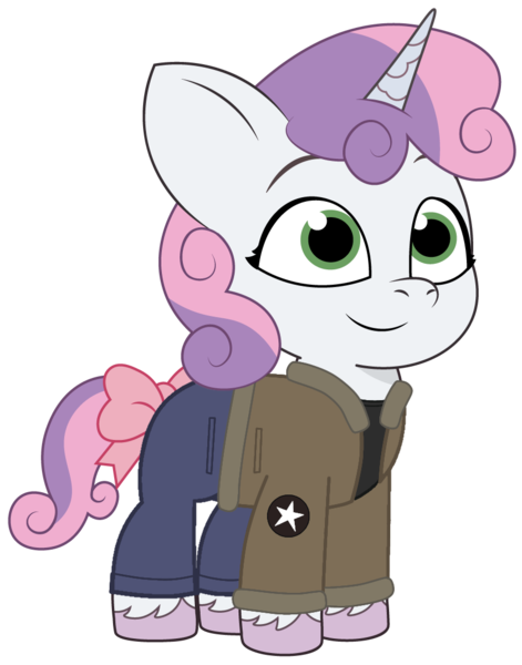 Size: 868x1105 | Tagged: safe, artist:edy_january, artist:prixy05, derpibooru import, edit, vector edit, sweetie belle, pony, unicorn, g5, my little pony: tell your tale, british, children, clothes, denim, foal, g4, g4 to g5, generation leap, girls und panzer, image, jacket, jeans, military, military pony, military uniform, pants, png, ponytail, ribbon, saunders, shirt, simple background, solo, transparent background, uniform, united kingdom, vector