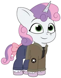 Size: 868x1105 | Tagged: safe, artist:edy_january, artist:prixy05, derpibooru import, edit, vector edit, sweetie belle, pony, unicorn, g5, my little pony: tell your tale, british, children, clothes, denim, foal, g4, g4 to g5, generation leap, girls und panzer, image, jacket, jeans, military, military pony, military uniform, pants, png, ponytail, ribbon, saunders, shirt, simple background, solo, transparent background, uniform, united kingdom, vector
