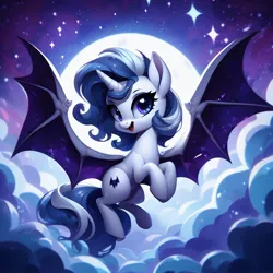 Size: 1024x1024 | Tagged: safe, ai content, derpibooru import, machine learning assisted, machine learning generated, prompter:beyourself, oc, unofficial characters only, alicorn, bat pony, bat pony alicorn, pony, unicorn, bat pony oc, bat wings, cloud, cute, cute little fangs, cutie mark, fangs, female, filly, flying, foal, generator:bing image creator, horn, image, jpeg, looking at you, moon, night, open mouth, solo, stars, wings