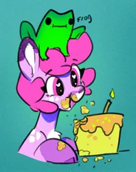 Size: 1536x1936 | Tagged: safe, artist:opalacorn, derpibooru import, oc, unofficial characters only, earth pony, frog, pony, birthday cake, bust, cake, cloven hooves, eating, female, food, frog hat, heart, heart eyes, image, jpeg, mare, messy eating, open mouth, open smile, smiling, wingding eyes