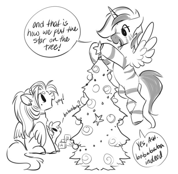Size: 4096x4004 | Tagged: safe, artist:opalacorn, derpibooru import, oc, oc:silver stream, oc:void, unofficial characters only, alicorn, pegasus, pony, zebra, zebra alicorn, baby, baby pony, christmas, christmas tree, colt, commission, dialogue, female, foal, grayscale, holiday, hoof hold, image, jpeg, male, mare, monochrome, mother and child, mother and son, open mouth, open smile, simple background, smiling, speech bubble, stallion, tree, trio, white background
