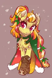 Size: 1382x2041 | Tagged: safe, artist:opalacorn, derpibooru import, oc, oc:daylily crescent, unofficial characters only, earth pony, pony, boots, brown background, cloak, clothes, commission, female, holly, image, jpeg, mare, shoes, simple background, snow, snowfall, solo