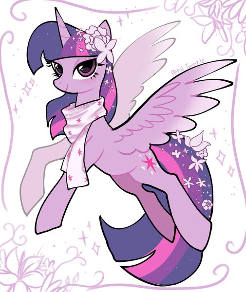 Size: 1723x2048 | Tagged: safe, artist:petaltwinkle, derpibooru import, twilight sparkle, twilight sparkle (alicorn), alicorn, butterfly, insect, pony, clothes, female, flower, flower in hair, flower in tail, image, jpeg, lidded eyes, looking at you, mare, scarf, signature, simple background, smiling, smiling at you, solo, spread wings, tail, white background, wings
