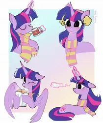 Size: 1722x2047 | Tagged: safe, artist:petaltwinkle, derpibooru import, twilight sparkle, twilight sparkle (alicorn), alicorn, fish, pony, unicorn, blushing, bucket, chocolate, clothes, cute, drink, drinking, earmuffs, female, floppy ears, food, glow, glowing horn, horn, hot chocolate, image, jpeg, mare, mug, one eye closed, passepartout, scarf, simple background, smiling, snow, snowball, snowflake, solo, striped scarf, tongue out, twiabetes, unicorn twilight, white background