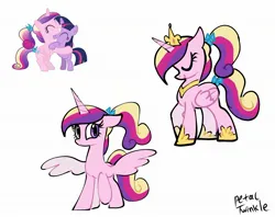 Size: 2048x1623 | Tagged: safe, artist:petaltwinkle, derpibooru import, princess cadance, twilight sparkle, alicorn, pony, unicorn, cute, cutedance, duo, eyes closed, female, filly, filly twilight sparkle, hug, image, jpeg, mare, reference included, signature, simple background, smiling, spread wings, teen princess cadance, twiabetes, unicorn twilight, white background, wings, younger