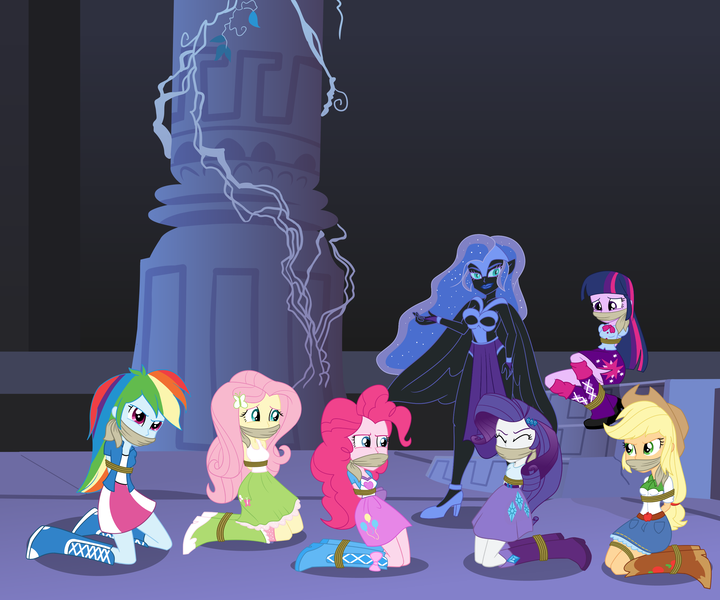 Size: 3000x2500 | Tagged: safe, artist:nie-martw-sie-o-mnie, derpibooru import, applejack, fluttershy, nightmare moon, pinkie pie, rainbow dash, rarity, twilight sparkle, equestria girls, applesub, bondage, dashsub, equestria girls-ified, femsub, fluttersub, gag, humane five, image, pinkiesub, png, rarisub, submissive, tied up, twisub