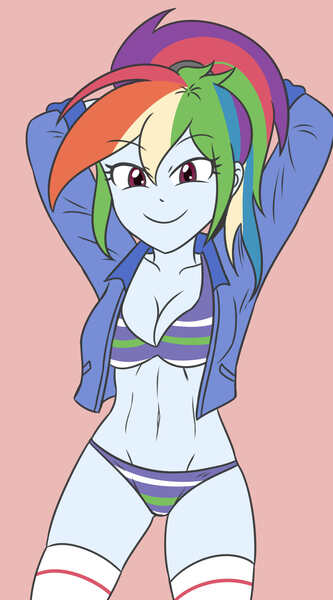 Size: 1897x3421 | Tagged: suggestive, artist:sumin6301, derpibooru import, rainbow dash, twilight sparkle, human, equestria girls, 2d, arm behind head, belly button, bra, breasts, busty rainbow dash, busty twilight sparkle, clothes, female, image, jacket, jpeg, lidded eyes, long sleeves, looking at you, looking back, panties, pink background, pockets, ponytail, simple background, smiling, smiling at you, socks, solo, striped bra, striped panties, striped underwear, thigh highs, thigh socks, underwear