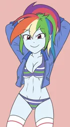 Size: 1897x3421 | Tagged: suggestive, artist:sumin6301, derpibooru import, rainbow dash, twilight sparkle, human, equestria girls, 2d, arm behind head, belly button, bra, breasts, busty rainbow dash, busty twilight sparkle, clothes, female, image, jacket, jpeg, lidded eyes, long sleeves, looking at you, looking back, panties, pink background, pockets, ponytail, simple background, smiling, smiling at you, socks, solo, striped bra, striped panties, striped underwear, thigh highs, thigh socks, underwear
