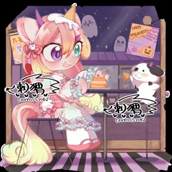 Size: 2048x2048 | Tagged: safe, artist:hedgehog29271, derpibooru import, oc, unofficial characters only, original species, pony, bow, cake, clothes, commission, dress, female, food, fork, hair bow, hairclip, halloween, heterochromia, holiday, hoof shoes, horns, ice cream, ice cream cone, image, jpeg, mare, sitting, wings