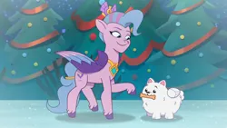 Size: 3072x1727 | Tagged: safe, derpibooru import, screencap, cloudpuff, queen haven, dog, pegasus, pomeranian, pony, g5, my little pony: tell your tale, spoiler:g5, spoiler:my little pony: tell your tale, spoiler:tyts01e69, duo, equestria's got talent, female, flying pomeranian, image, jpeg, mare, smiling, winged dog