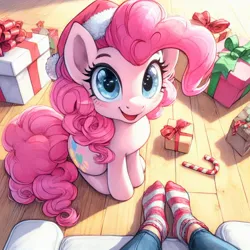 Size: 1024x1024 | Tagged: prompter needed, safe, ai content, derpibooru import, machine learning generated, pinkie pie, earth pony, human, pony, candy, candy cane, christmas, clothes, cute, diapinkes, feet, female, floor, food, g4, generator:dall-e 3, hat, holiday, image, indoors, jpeg, looking at you, mare, offscreen character, offscreen human, open mouth, open smile, pov, present, santa hat, sitting, smiling, smiling at you, socks, solo focus, striped socks, wrong cutie mark