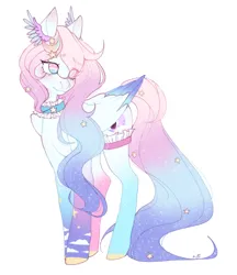 Size: 1997x2310 | Tagged: safe, artist:ruru_01, derpibooru import, oc, unofficial characters only, pegasus, pony, accessory, blushing, folded wings, image, long mane, looking at something, png, shiny mane, shiny skin, simple background, smiling, solo, sparkles, white background, wings