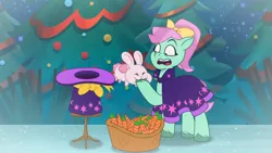 Size: 3072x1727 | Tagged: safe, derpibooru import, screencap, earth pony, pony, rabbit, g5, my little pony: tell your tale, spoiler:g5, spoiler:my little pony: tell your tale, spoiler:tyts01e69, animal, carrot, duo, eating, equestria's got talent, eyes closed, female, food, image, jpeg, mare, minty skylark, open mouth