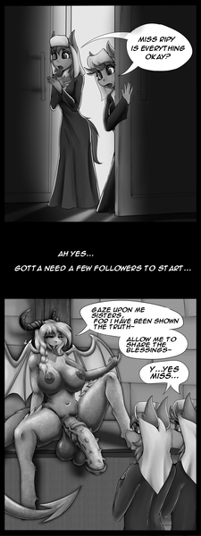 Size: 3000x8000 | Tagged: explicit, artist:shamziwhite, derpibooru import, anthro, demon, pony, balls, beckoning, big balls, big breasts, big penis, breasts, comic, female, horns, horsecock, image, monochrome, nipples, nudity, nun, penis, piercing, png, siblings, sitting, smiling, tongue out, transformation, twins, wings