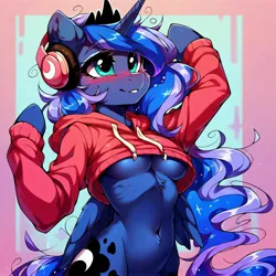 Size: 4096x4096 | Tagged: suggestive, ai content, derpibooru import, machine learning generated, stable diffusion, princess luna, alicorn, anthro, gamer luna, belly button, breasts, clothes, cute, ethereal hair, ethereal mane, ethereal tail, gaming headset, generator:purplesmart.ai, headset, hoodie, hooves, horn, image, jpeg, prompter:anonynmi, royalty, tail, underboob, wings