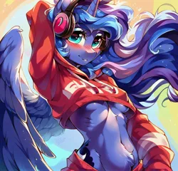 Size: 4096x3924 | Tagged: suggestive, ai content, derpibooru import, machine learning generated, stable diffusion, princess luna, alicorn, anthro, gamer luna, belly button, breasts, clothes, cute, ethereal hair, ethereal mane, ethereal tail, gaming headset, generator:purplesmart.ai, headset, hoodie, horn, image, jpeg, prompter:anonynmi, royalty, tail, underboob, wings
