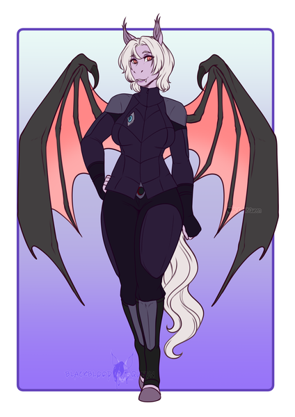 Size: 2456x3472 | Tagged: safe, alternate version, artist:blackblood-queen, derpibooru import, oc, oc:violet thorn, unofficial characters only, anthro, bat pony, pony, unguligrade anthro, anthro oc, bat pony oc, bat wings, breasts, clothes, commission, digital art, fangs, female, image, mare, night guard, png, slit pupils, smiling, solo, uniform, wings