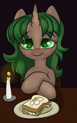 Size: 1919x3048 | Tagged: safe, artist:dumbwoofer, derpibooru import, oc, oc:pine shine, pony, unicorn, blushing, candle, candlelight, daffodil and daisy sandwich, female, flower, food, image, looking at you, mare, png, sandwich, sitting, smiling, smiling at you, solo, table
