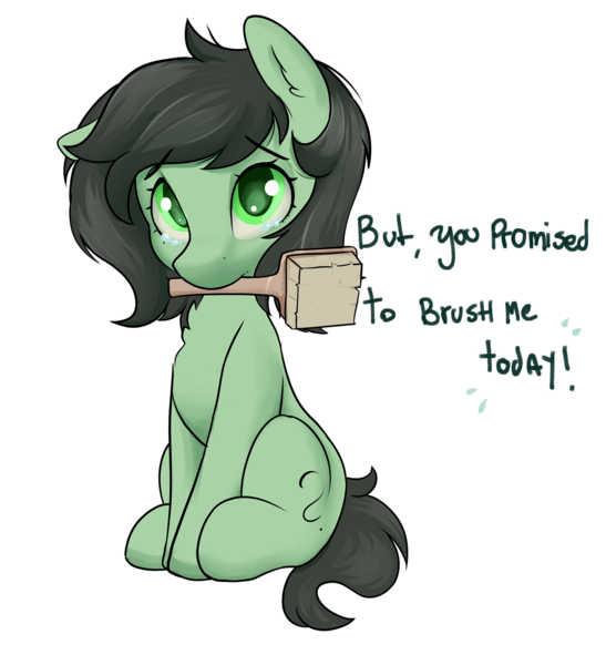 Size: 3804x4173 | Tagged: source needed, safe, artist:dumbwoofer, derpibooru import, oc, oc:anonfilly, pony, brush, brush request, brushie, chest fluff, crying, ear fluff, female, filly, image, looking at you, messy mane, mouth hold, one ear down, png, simple background, sitting, solo, text, transparent background, white outline