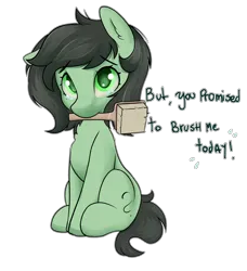 Size: 3804x4173 | Tagged: source needed, safe, artist:dumbwoofer, derpibooru import, oc, oc:anonfilly, pony, brush, brush request, brushie, chest fluff, crying, ear fluff, female, filly, image, looking at you, messy mane, mouth hold, one ear down, png, simple background, sitting, solo, text, transparent background, white outline