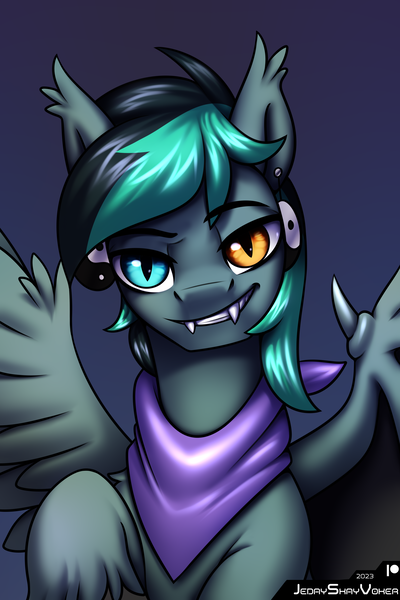 Size: 2000x3000 | Tagged: safe, artist:jedayskayvoker, derpibooru import, oc, oc:target strike, bat pony, hybrid, pegasus, pony, bandana, bat wings, bust, clothes, ear fluff, ear piercing, earring, fangs, folded wings, gradient background, heterochromia, hybrid oc, icon, image, jewelry, looking at you, male, pegabat, piercing, png, portrait, raised hoof, slit pupils, smiling, smiling at you, smug, solo, stallion, wings, yin-yang