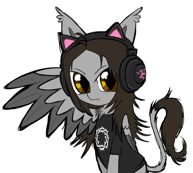 Size: 5000x4500 | Tagged: safe, artist:cactuscruncher, derpibooru import, ponified, hybrid, pony, absurd resolution, blank expression, brown hair, brown mane, cat ear headphones, chest fluff, clothes, colored wings, colored wingtips, cutie mark, cutie mark on clothes, derpibooru exclusive, ear tufts, folded wing, gray coat, half body, half-sphinx, headphones, image, looking at you, male, noah sebastian, png, sharp teeth, shirt, simple background, sitting, slit pupils, solo, stallion, t-shirt, teeth, transparent background, wing gesture, wings, yellow eyes