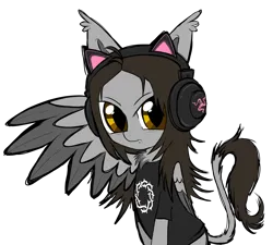 Size: 5000x4500 | Tagged: safe, artist:cactuscruncher, derpibooru import, ponified, hybrid, pony, absurd resolution, blank expression, brown hair, brown mane, cat ear headphones, chest fluff, clothes, colored wings, colored wingtips, cutie mark, cutie mark on clothes, derpibooru exclusive, ear tufts, folded wing, gray coat, half body, half-sphinx, headphones, image, looking at you, male, noah sebastian, png, sharp teeth, shirt, simple background, sitting, slit pupils, solo, stallion, t-shirt, teeth, transparent background, wing gesture, wings, yellow eyes