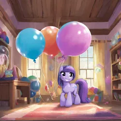 Size: 1024x1024 | Tagged: safe, ai content, derpibooru import, izzy moonbow, g5, alternate hairstyle, balloon, image, missing horn, png, questionable source, story in the source, that pony sure does love balloons