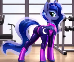 Size: 2320x1920 | Tagged: safe, ai content, artist:dovakkins, derpibooru import, machine learning assisted, machine learning generated, princess luna, alicorn, pony, blushing, butt, clothes, derpibooru exclusive, female, g4, generator:easyfluff v11.2, gym, horn, image, latex, latex suit, leotard, looking at you, looking back, looking back at you, mare, moonbutt, png, smiling, smiling at you, solo, teeth