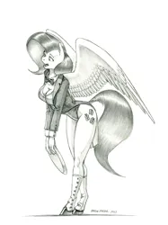 Size: 950x1267 | Tagged: safe, artist:baron engel, derpibooru import, fluttershy, anthro, pegasus, unguligrade anthro, breasts, busty fluttershy, butler, cleavage, clothes, female, g4, image, jpeg, leotard, monochrome, pencil drawing, traditional art