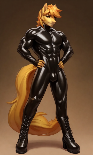 Size: 1152x1920 | Tagged: questionable, ai content, derpibooru import, machine learning generated, braeburn, anthro, earth pony, plantigrade anthro, bodysuit, boots, catsuit, clothes, crotch bulge, derpibooru exclusive, g4, gradient background, image, latex, latex suit, male, muscles, png, prompter:inky heart, rubber, shoes, skintight clothes, solo, solo male