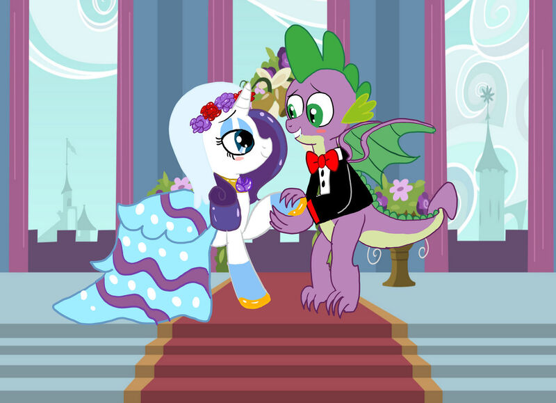 Size: 1280x927 | Tagged: safe, artist:rubyponywolf22, derpibooru import, rarity, spike, dragon, pony, unicorn, blushing, bowtie, clothes, dress, duo, eyeshadow, female, flower, flower in hair, grin, holding hoof, image, jewelry, jpeg, makeup, male, older, older spike, ring, shipping, smiling, sparity, straight, suit, wedding dress, wedding ring, winged spike, wings