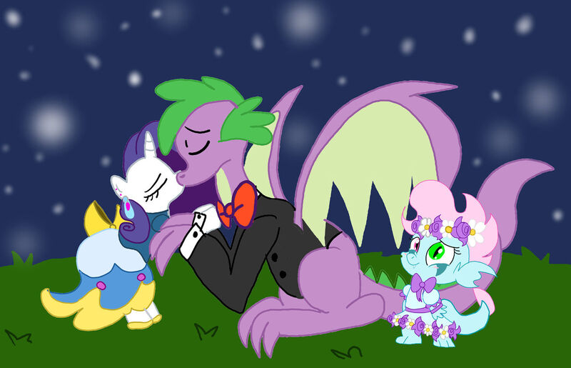 Size: 1280x824 | Tagged: safe, artist:rubyponywolf22, derpibooru import, rarity, spike, oc, oc:lapis, dracony, dragon, hybrid, pony, unicorn, bowtie, clothes, crying, cute, daaaaaaaaaaaw, dress, ear piercing, earring, eyes closed, female, flower, flower girl, flower girl dress, flower in hair, image, interspecies offspring, jewelry, jpeg, kissing, male, married couple, night, offspring, older, older spike, parent:rarity, parent:spike, parents:sparity, piercing, shipping, sparity, starry night, story included, straight, suit, tears of joy, trio, wedding dress, winged spike, wings