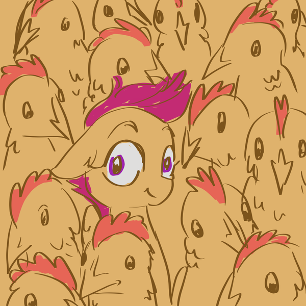 Size: 1000x1000 | Tagged: safe, artist:kovoranu, scootaloo, bird, chicken, pegasus, pony, female, filly, floppy ears, image, looking at you, png, scootaloo is a chicken