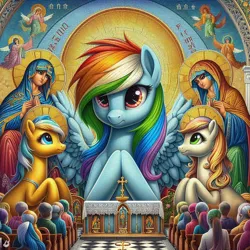Size: 1024x1024 | Tagged: safe, ai content, derpibooru import, machine learning generated, rainbow dash, earth pony, human, pegasus, pony, generator:bing image creator, image, png, religion, temple