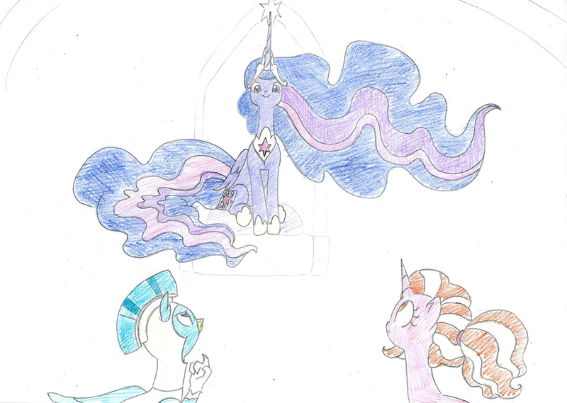 Size: 1000x711 | Tagged: safe, artist:bluemagic, luster dawn, princess luna, twilight sparkle, alicorn, pony, unicorn, disguise, female, image, jpeg, mare, paper-thin disguise, royal guard, traditional art