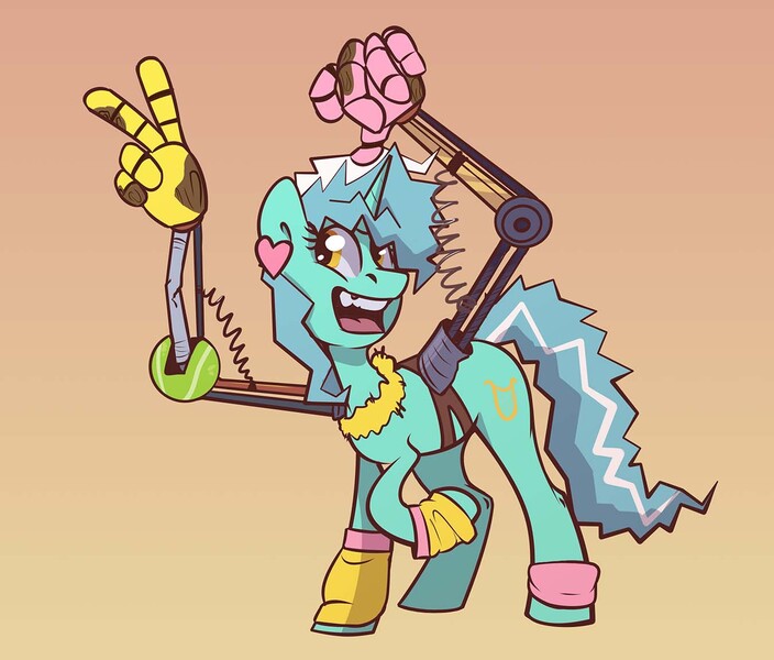 Size: 1350x1150 | Tagged: safe, artist:yarugreat, lyra heartstrings, pony, unicorn, 80s, 80s hair, artificial hands, female, gradient background, image, jpeg, looking at you, mare, simple background, solo, yellow background