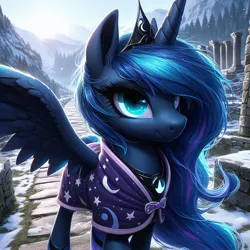 Size: 1024x1024 | Tagged: safe, ai content, machine learning generated, ponerpics import, ponybooru import, princess luna, alicorn, pony, bing, clothes, dutch angle, female, image, jewelry, jpeg, mare, regalia, ruins, smiling, snow, solo, spread wings, wings