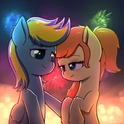 Size: 1200x1200 | Tagged: safe, artist:harukiicat, derpibooru import, oc, unofficial characters only, earth pony, pony, duo, fireworks, image, jpeg, love, night, simple background