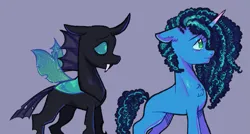 Size: 1149x618 | Tagged: safe, artist:kreeeeeez, derpibooru import, thorax, changeling, pony, unicorn, g5, chest fluff, colored, concave belly, curly mane, curly tail, duo, eyelashes, fangs, frown, g4, gradient hooves, image, lacrimal caruncle, looking forward, misty brightdawn, png, quadrupedal, sketch, standing, sternocleidomastoid, tail, thin